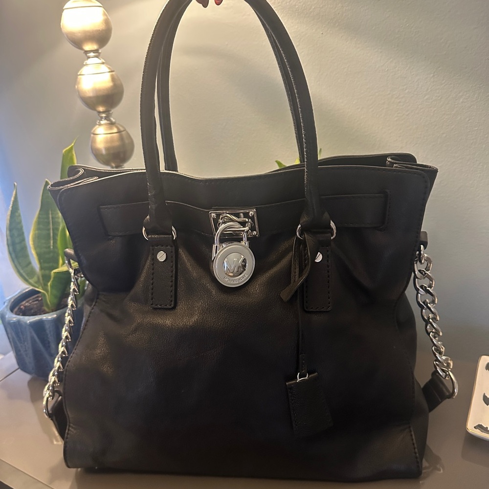 Michael Kors Hamilton Tote Soft Leather Bag Black with Silver Lock and Chain